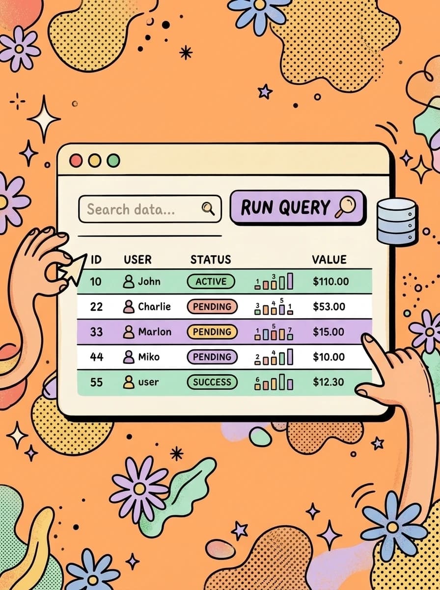 Ilustración de esquema de base de datos organizado con tablas limpias y consultas instantáneas