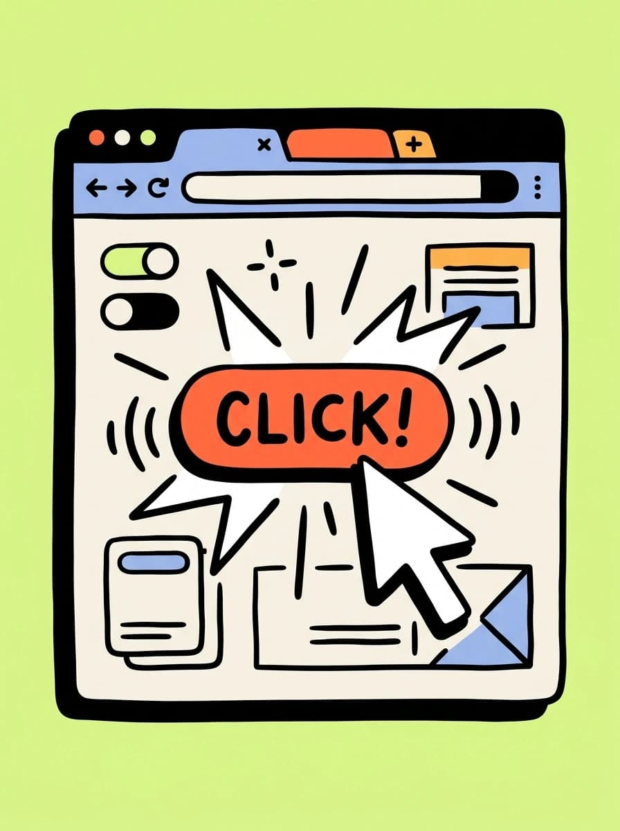 Ilustración de interfaz web interactiva con navegador, cursor y botón de acción en estilo recorte vectorial